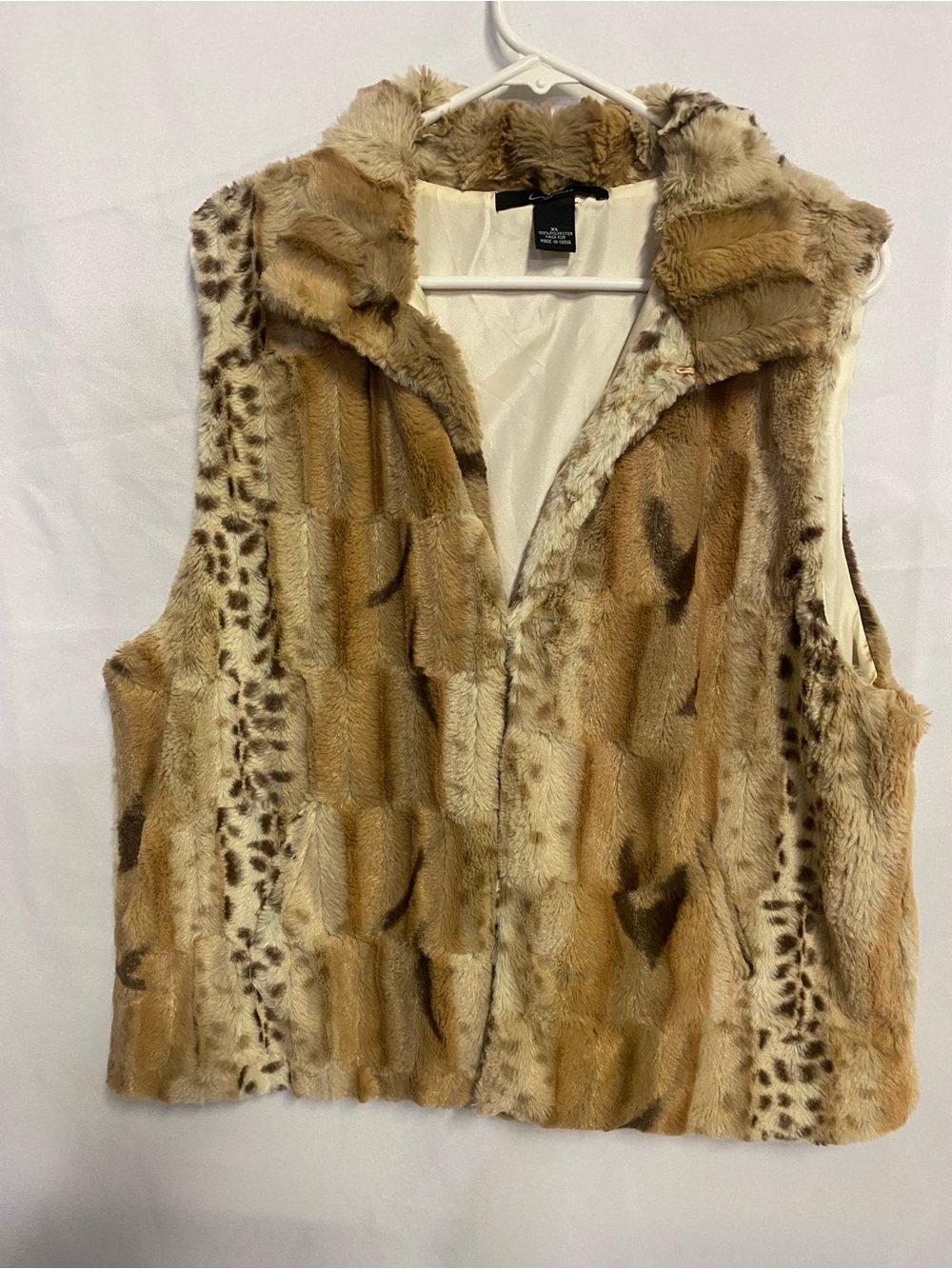 Cejon Faux Fur Hooded Vest in Tan and Cream Animal Print
